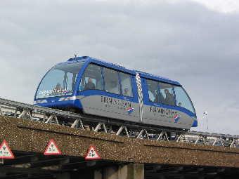 The vehicle of Birmingham's Sky Rail -- just after departure from airport terminal